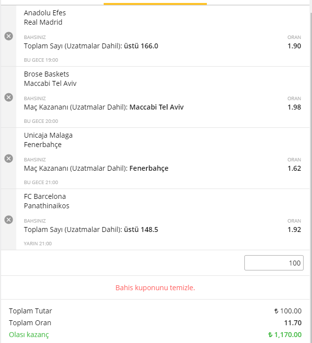 Euroleague Banko Kupon 12 - 13 Ekim