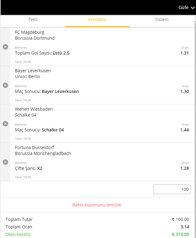 DFB Pokal Banko Kupon 24 Eylül 2017
